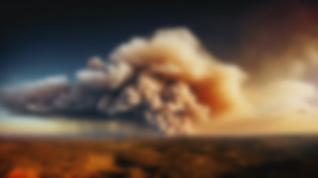 Dramatic landscape with heavy fire and clouds of smoke in Western Australia, bushfire. Blurred background.の写真素材
