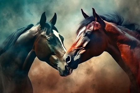 Pair of horses, black and brown, art.