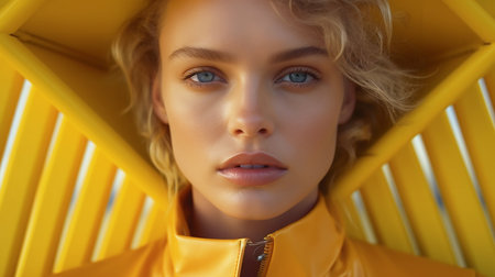 Beautiful girl, French model, blonde hair, in yellow clothes. supermodel.の写真素材