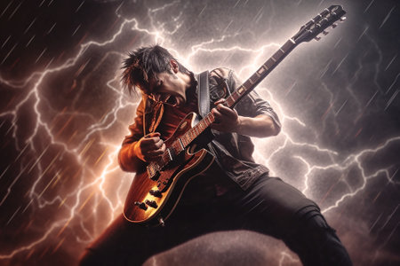 Rock guitarist, metal rockstar playing guitar with lightning on the strings.の写真素材