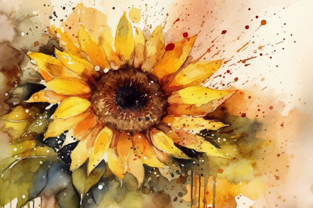 Sunflower, a flower with yellow petals, painted in watercolor on textured paper. digital watercolor paintingの写真素材