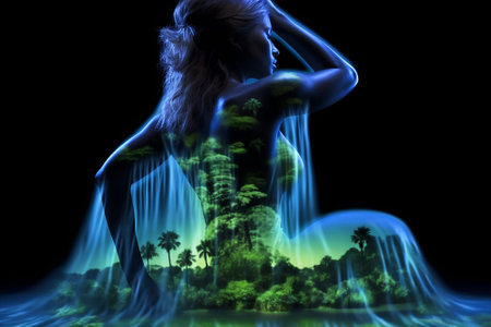 Tropical waterfall on background of girl's body contours, double exposure, black isolated backgroundの写真素材
