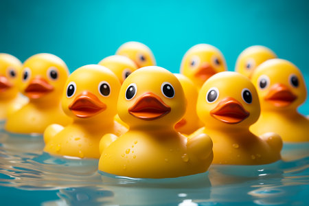 Lots of rubber duckies on the surface of the water