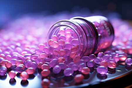 Pills in a medical jar in neon colors.