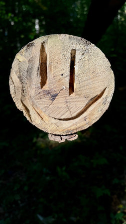 Smiling face. Cutting a tree with an art image of a smiley face with eyes and a mouth.の写真素材