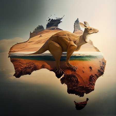 Australia, a continent, creative map image with a kangaroo.の素材