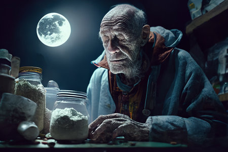 Old man shaman, sorcerer against the background of the night sky with the moon and a jar of pills. Generative AIの素材