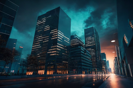 A modern city at night with skyscrapers. Business center. Generative AIの素材