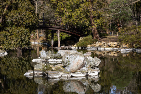 Bridge and island over a pond in the park near the Centennial Hall, Wroclaw, Poland. Hala Stuleciaの写真素材