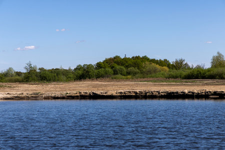 View of the lake shore with trees from the water side. Landscape. Poland