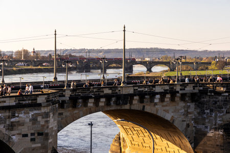Dresden, Germany April 5, 2025. View of the bridge and the Elbe River. Dresden, Germanyの写真素材