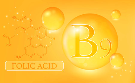 Vitamin B9, folic acid, water drops, capsule on an orange background. Vitamin complex with chemical formula. Information medical poster.の写真素材