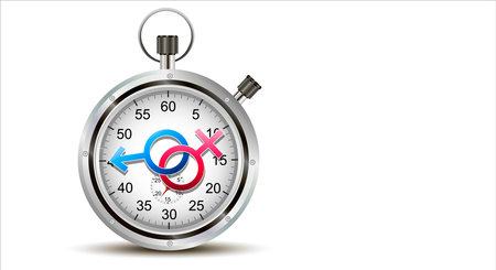 Stopwatch showing the time of the first. Male and female icon, symbolizing the beginning on the...