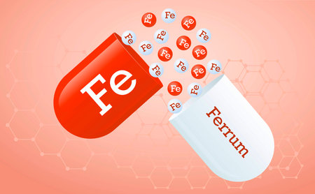 Ferrum, iron microelement. Capsule with Fe element icon. Healing minerals. medical background