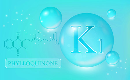Vitamin K1, phylloquinone, water drops, capsule on a blue gradient background. Vitamin complex with chemical formula. Information medical poster.の写真素材