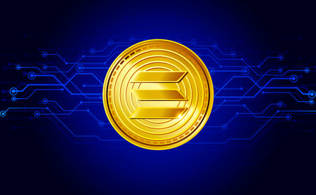 Solana, SOL token symbol. Golden realistic cryptocurrency coin on blue crypto business background. Digital currency. digital coin. Poster.の写真素材