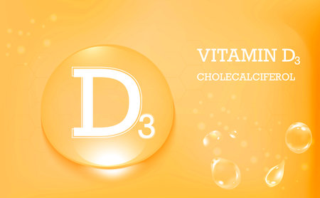 Vitamin D3, Cholecalciferol, water drops on an orange medical background. Skin care and children up to two years.の写真素材