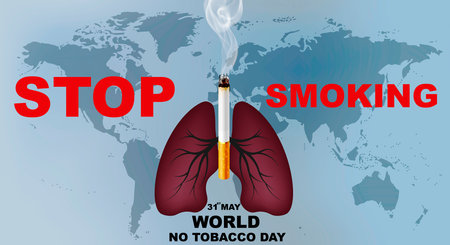 Stop smoking. World No Tobacco Day poster. Cigarette and the lungs of a smoking man on the background of the world map. The symbol of public awareness is held in May.の写真素材