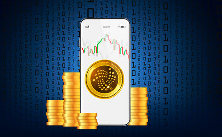 iota cryptocurrency on your mobile phone through the Cryptocurrency system. Growth chart on binary code background.の写真素材