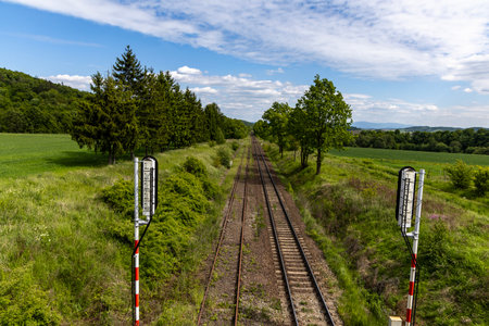 Railway passing through the Sudeten Mountains in Poland, Nowa Ruda.の写真素材