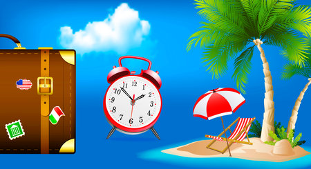 Travel suitcases on the background of an island with palm trees and sea and sun loungers. Travel poster. Copy spaceの写真素材