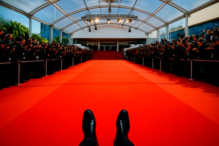 A man's feet in shoes lie on the red carpet of a star-studded show. Copy space.