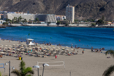 Los Cristianos, Tenerife October 29, 2025. Beach of the city of Los Cristianos, Tenerife Canary Islands.の写真素材