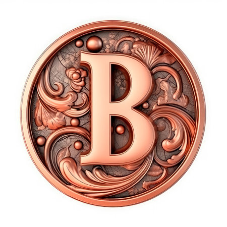 3d realistic Letter B of copper with ancient ornament. generative AI.の素材