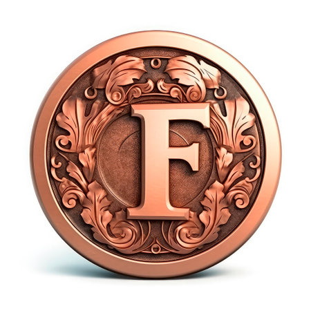 3d realistic Letter F of copper with ancient ornament. generative AI.の素材