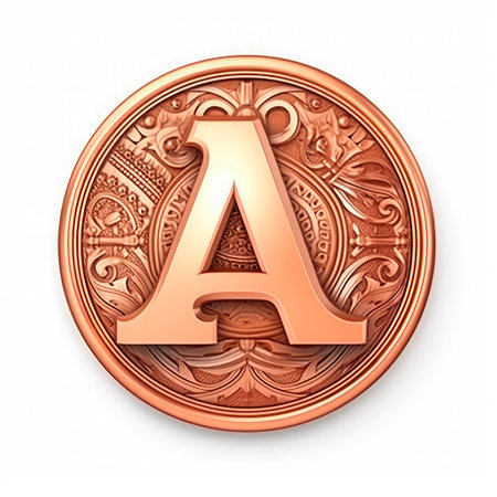 3d realistic Letter A of copper with ancient ornament. generative AI.の素材