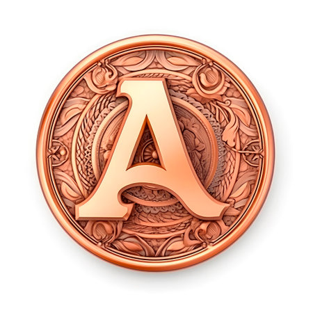 3d realistic Letter A of copper with ancient ornament. generative AI.の素材