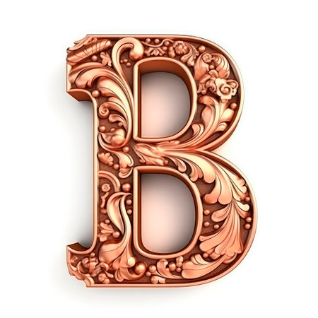 3d realistic Letter B of copper with ancient ornament. generative AI.の素材