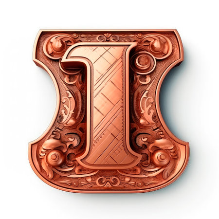 3d realistic Letter I of copper with ancient ornament. generative AI.の素材