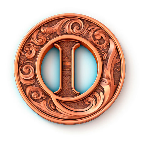 3d realistic Letter I of copper with ancient ornament. generative AI.の素材