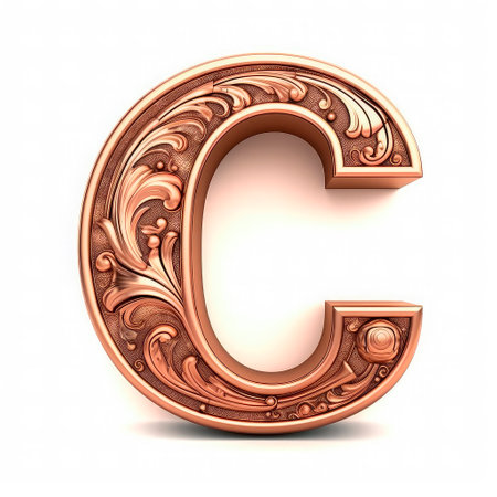 3d realistic Letter C of copper with ancient ornament. generative AI.の素材