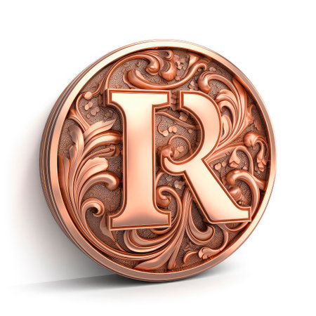 3d realistic Letter R of copper with ancient ornament. generative AI.の素材