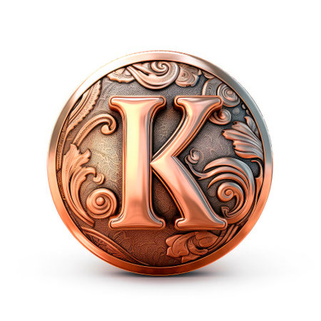 3d realistic Letter K of copper with ancient ornament. generative AI.の素材