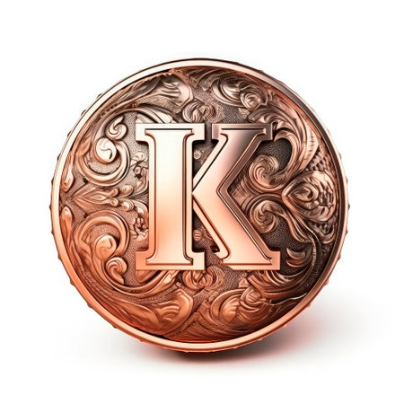 3d realistic Letter K of copper with ancient ornament. generative AI.の素材