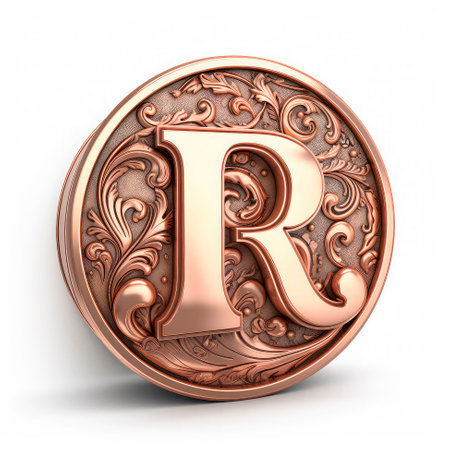 3d realistic Letter R of copper with ancient ornament. generative AI.の素材