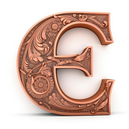 3d Letter E in the form of carved wood with floral ornamentの素材
