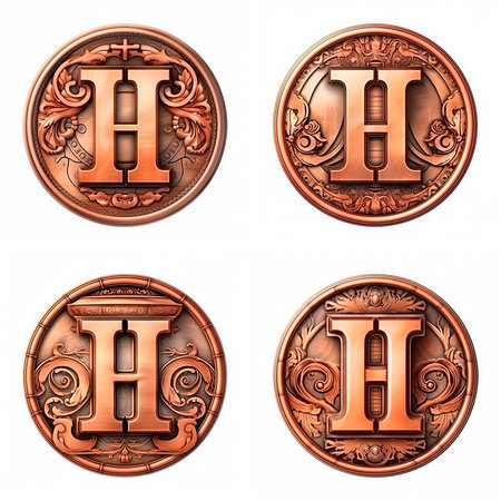 3d realistic Letter H of copper with ancient ornament. generative AI.の素材