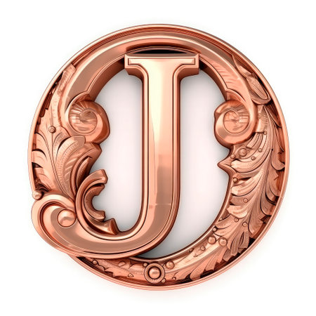 3d realistic Letter J of copper with ancient ornament. generative AI.の素材