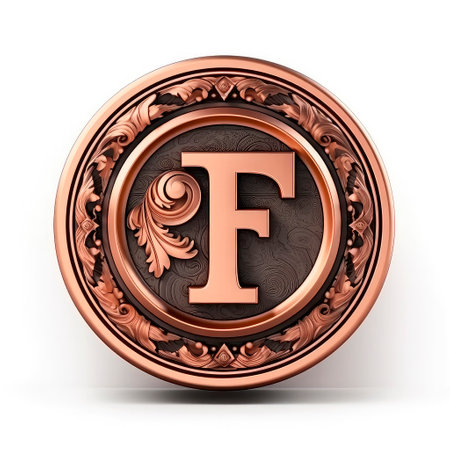 3d realistic Letter F of copper with ancient ornament. generative AI.の素材