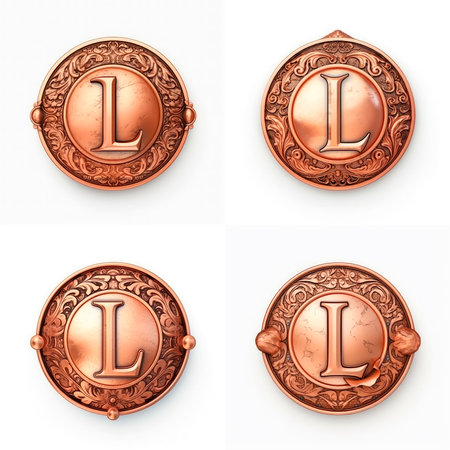 Set of three bronze alphabet I, L, J, L with shadow on white background. 3d renderingの素材