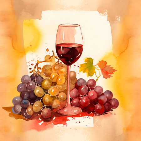 composition of a glass of wine and a grapevine, painted in watercolor. For wine or grape juice label.の素材