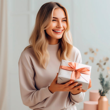The girl holds in her hands a box with a gift wrapped in gift paper. on a light backgroundの素材