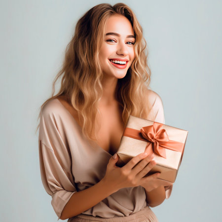 The girl holds in her hands a box with a gift wrapped in gift paper. on a light backgroundの素材