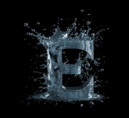 water splash with letter e, isolated on black background. 3d rendering.の素材