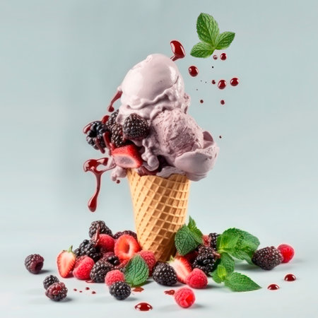 Fresh fruit with scoops of creamy specialty ice cream in assorted flavors with raspberry, berry, blueberry, strawberry and sugar cones.の素材