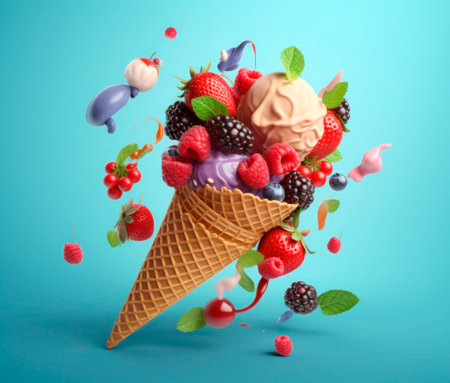 Ice cream in waffle cone with flying berries and fruits on blue backgroundの素材